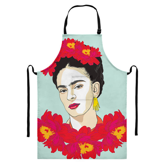Frida Kahlo And Floral Print Bib Apron With Pocket