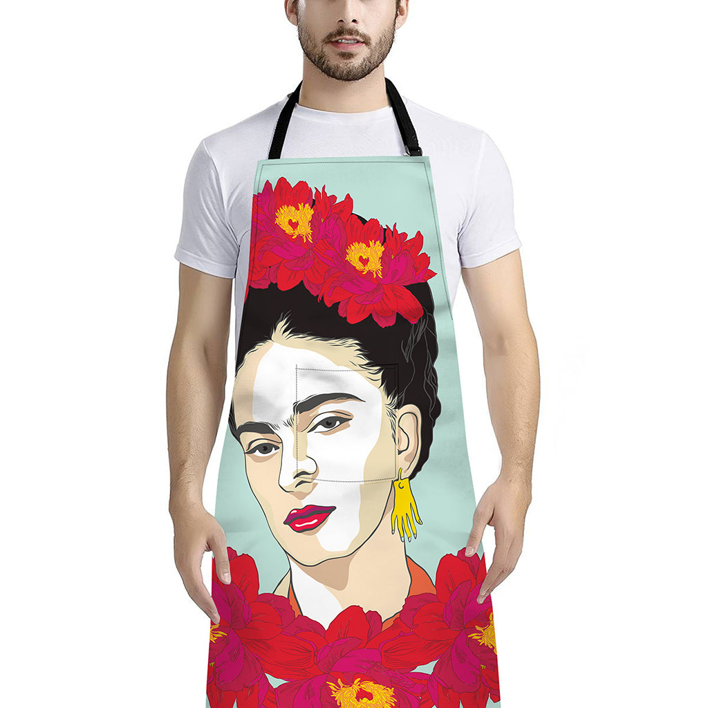 Frida Kahlo And Floral Print Bib Apron With Pocket
