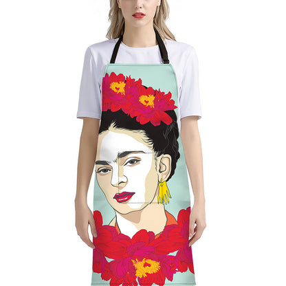 Frida Kahlo And Floral Print Bib Apron With Pocket