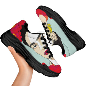 Frida Kahlo And Floral Print Black Chunky Shoes