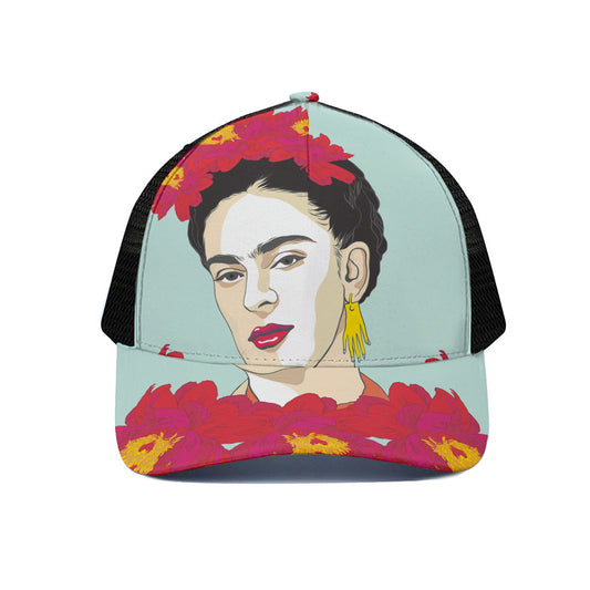 Frida Kahlo And Floral Print Black Mesh Trucker Cap