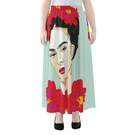 Frida Kahlo And Floral Print Chiffon Maxi Skirt
