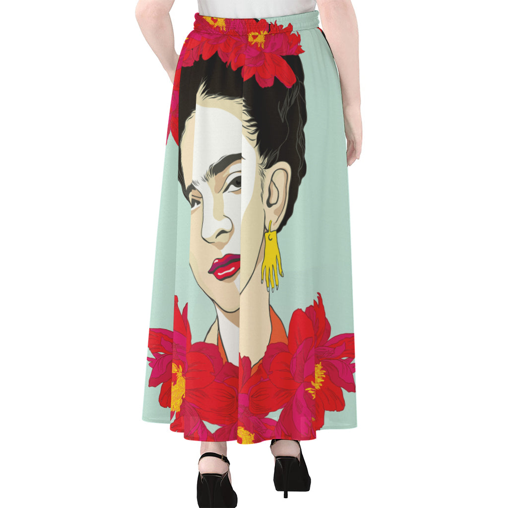 Frida Kahlo And Floral Print Chiffon Maxi Skirt