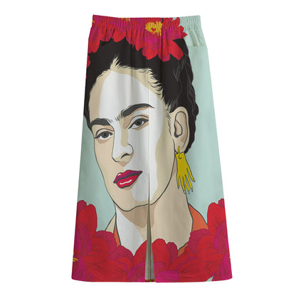 Frida Kahlo And Floral Print Cotton Front Slit Maxi Skirt