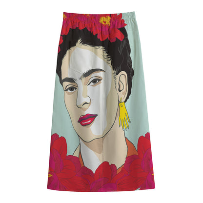 Frida Kahlo And Floral Print Cotton Front Slit Maxi Skirt