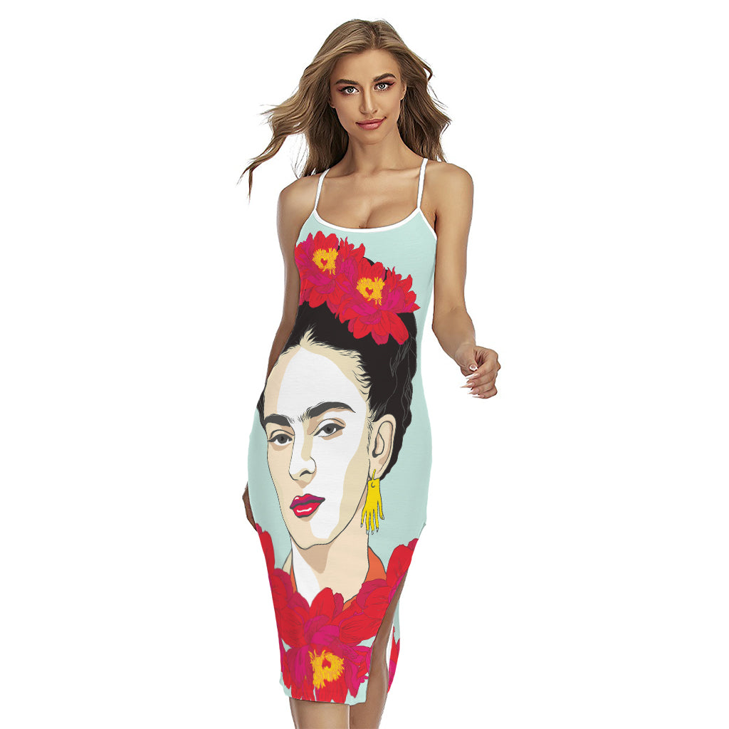 Frida Kahlo And Floral Print Cross Back Cami Dress
