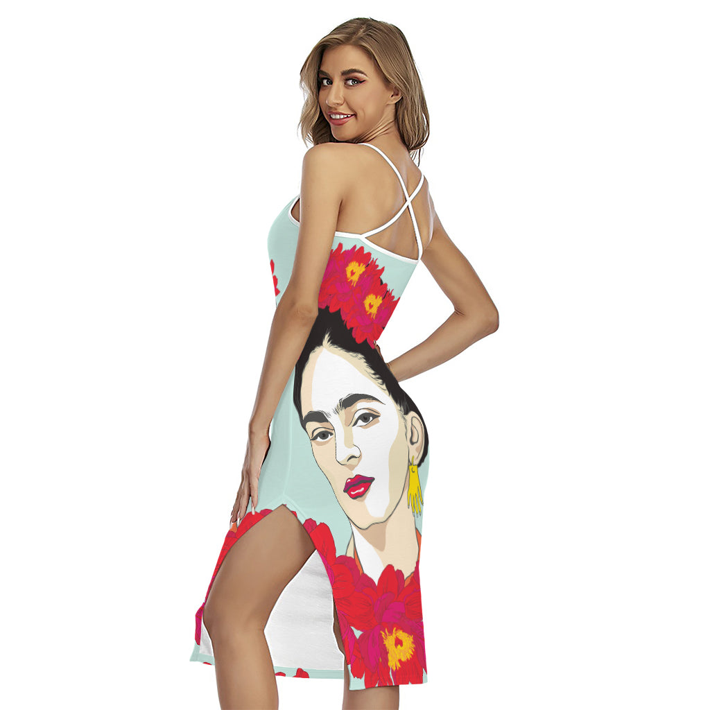 Frida Kahlo And Floral Print Cross Back Cami Dress