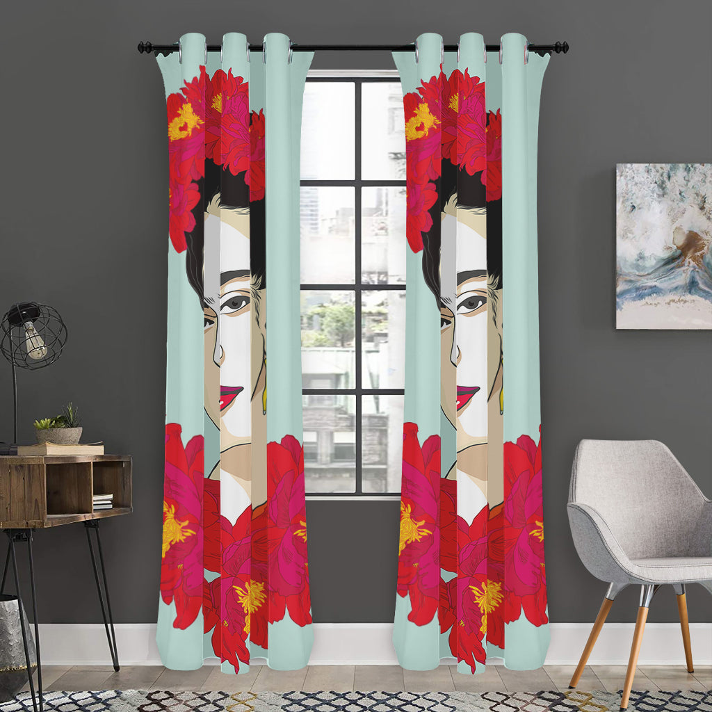 Frida Kahlo And Floral Print Curtain