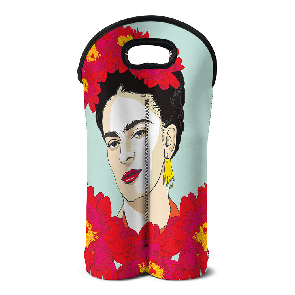 Frida Kahlo And Floral Print Double Neoprene Wine Tote
