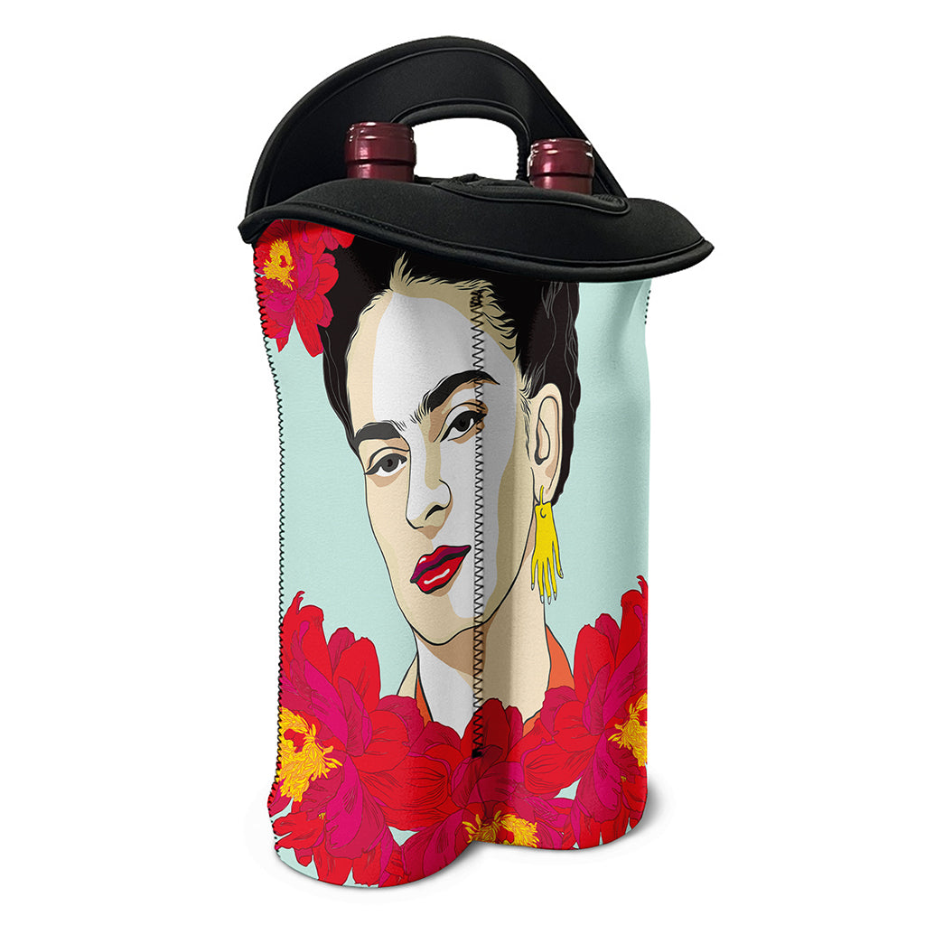 Frida Kahlo And Floral Print Double Neoprene Wine Tote