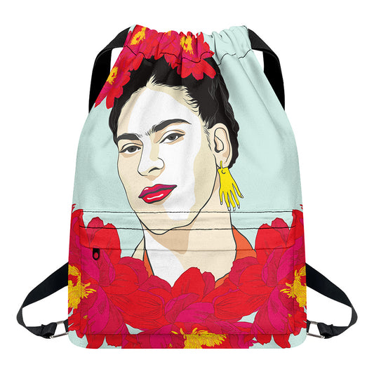 Frida Kahlo And Floral Print Drawstring Backpack