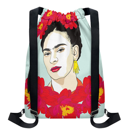 Frida Kahlo And Floral Print Drawstring Backpack