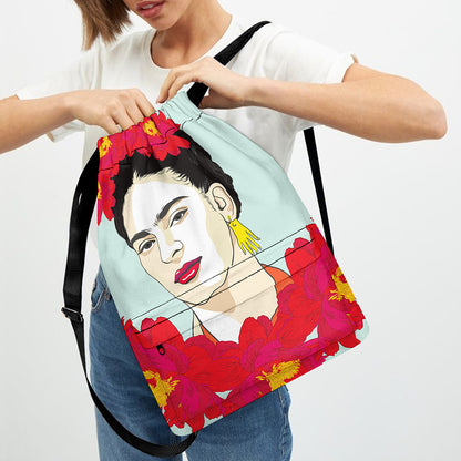 Frida Kahlo And Floral Print Drawstring Backpack