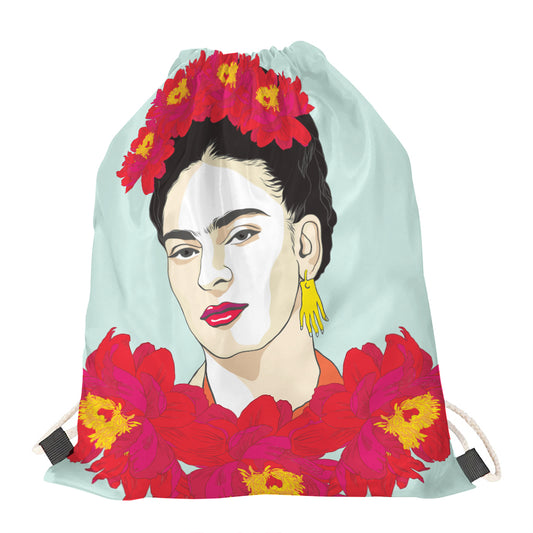 Frida Kahlo And Floral Print Drawstring Bag