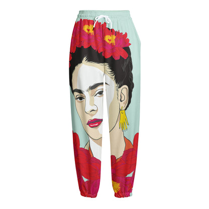 Frida Kahlo And Floral Print Fleece Lined Knit Pants