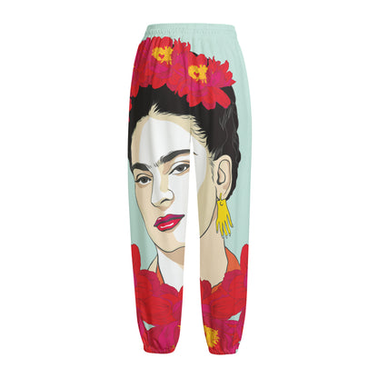 Frida Kahlo And Floral Print Fleece Lined Knit Pants