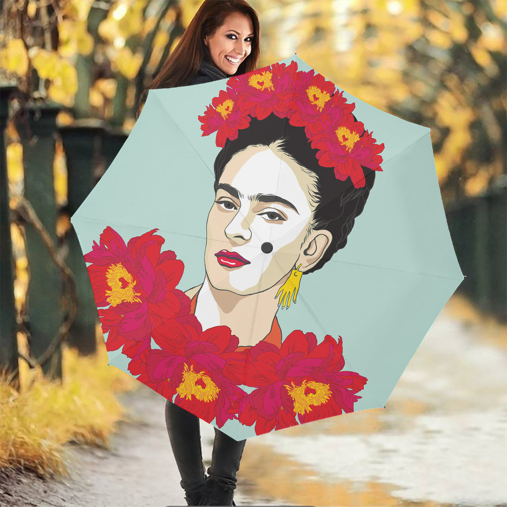 Frida Kahlo And Floral Print Foldable Umbrella