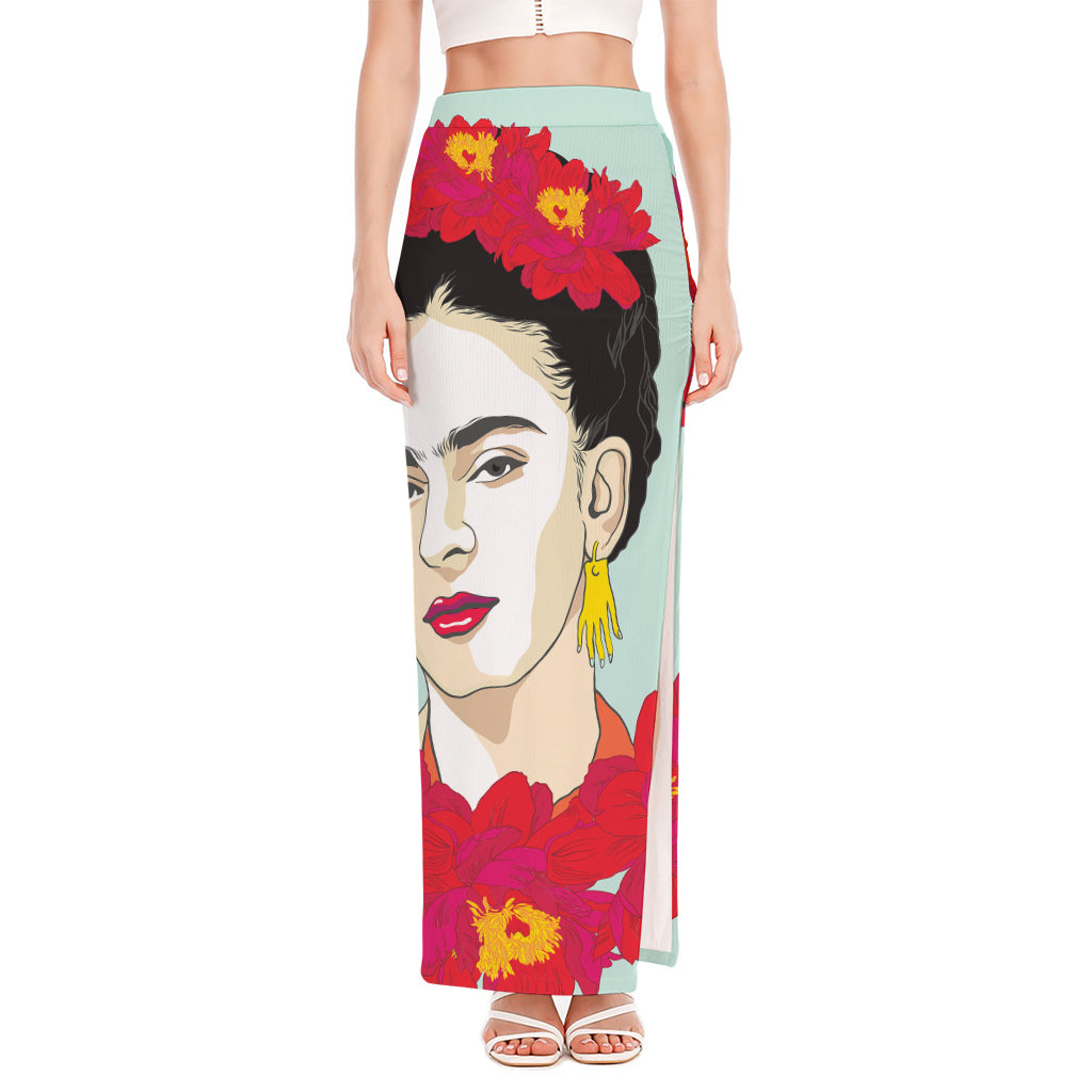 Frida Kahlo And Floral Print High Slit Maxi Skirt