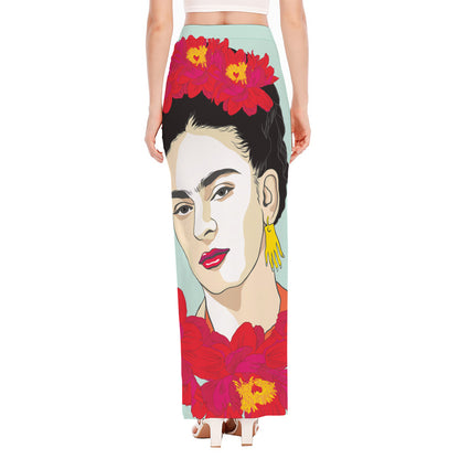 Frida Kahlo And Floral Print High Slit Maxi Skirt