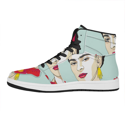 Frida Kahlo And Floral Print High Top Leather Sneakers