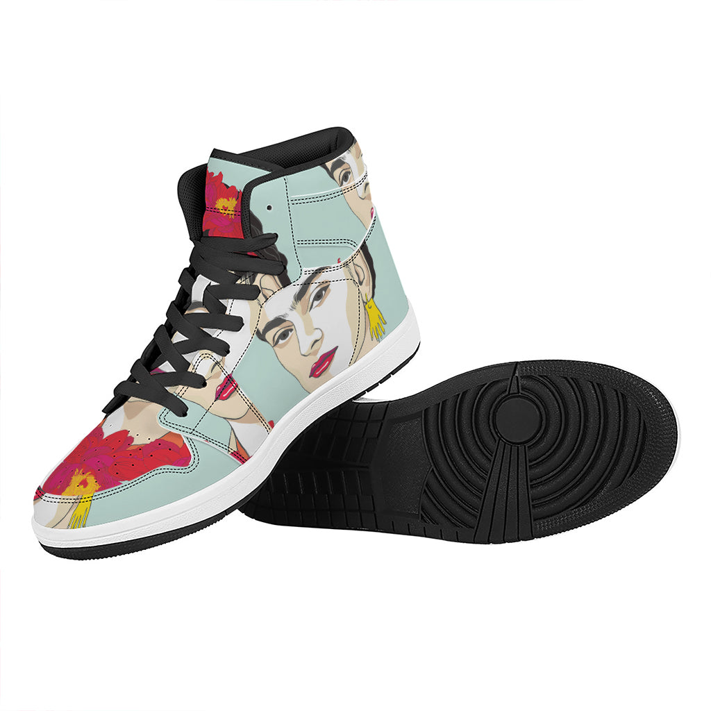 Frida Kahlo And Floral Print High Top Leather Sneakers