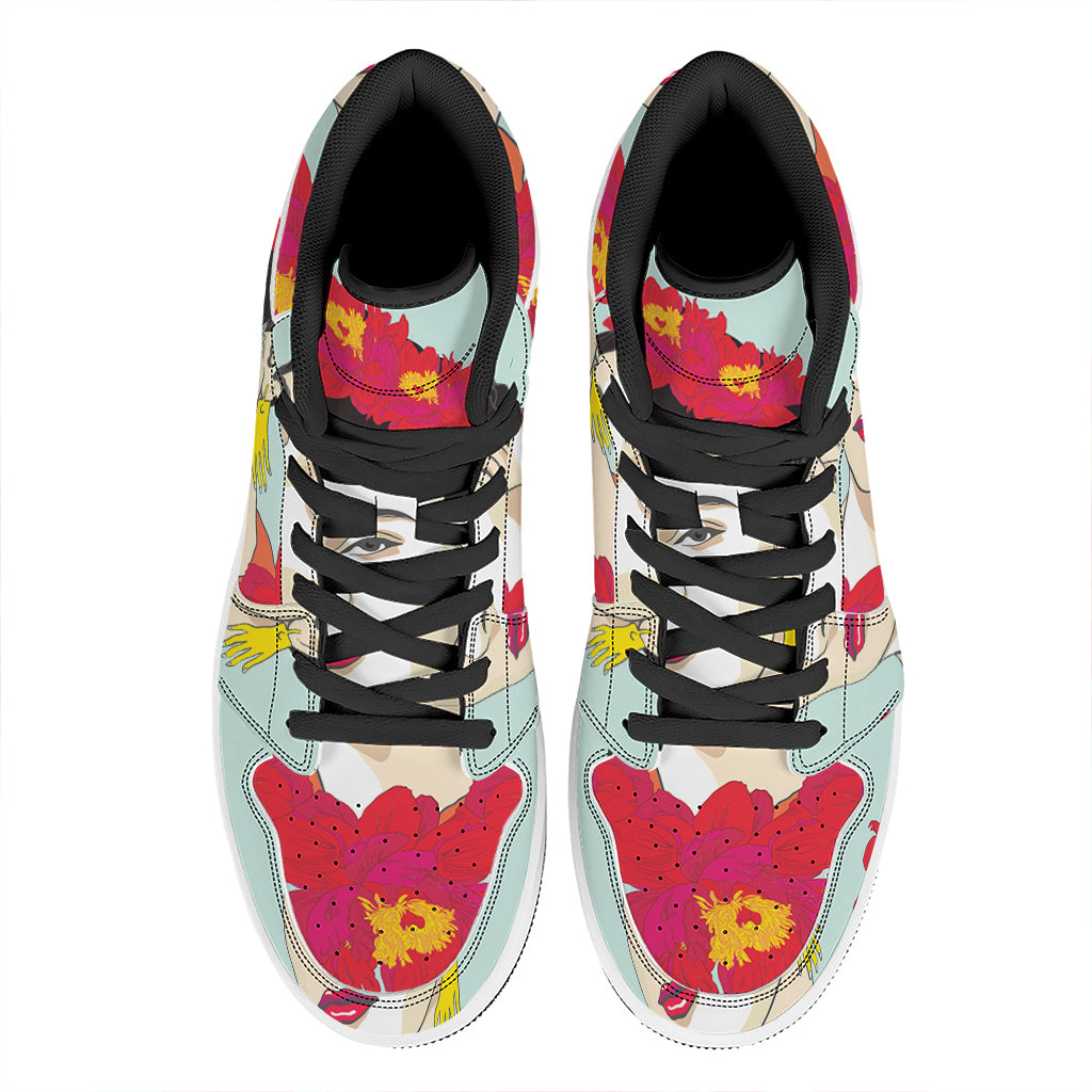 Frida Kahlo And Floral Print High Top Leather Sneakers