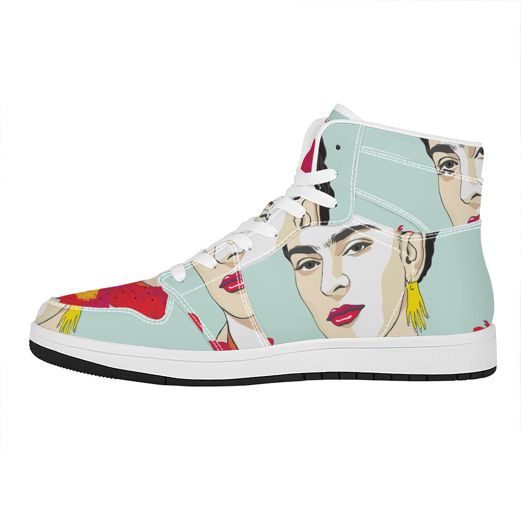 Frida Kahlo And Floral Print High Top Leather Sneakers