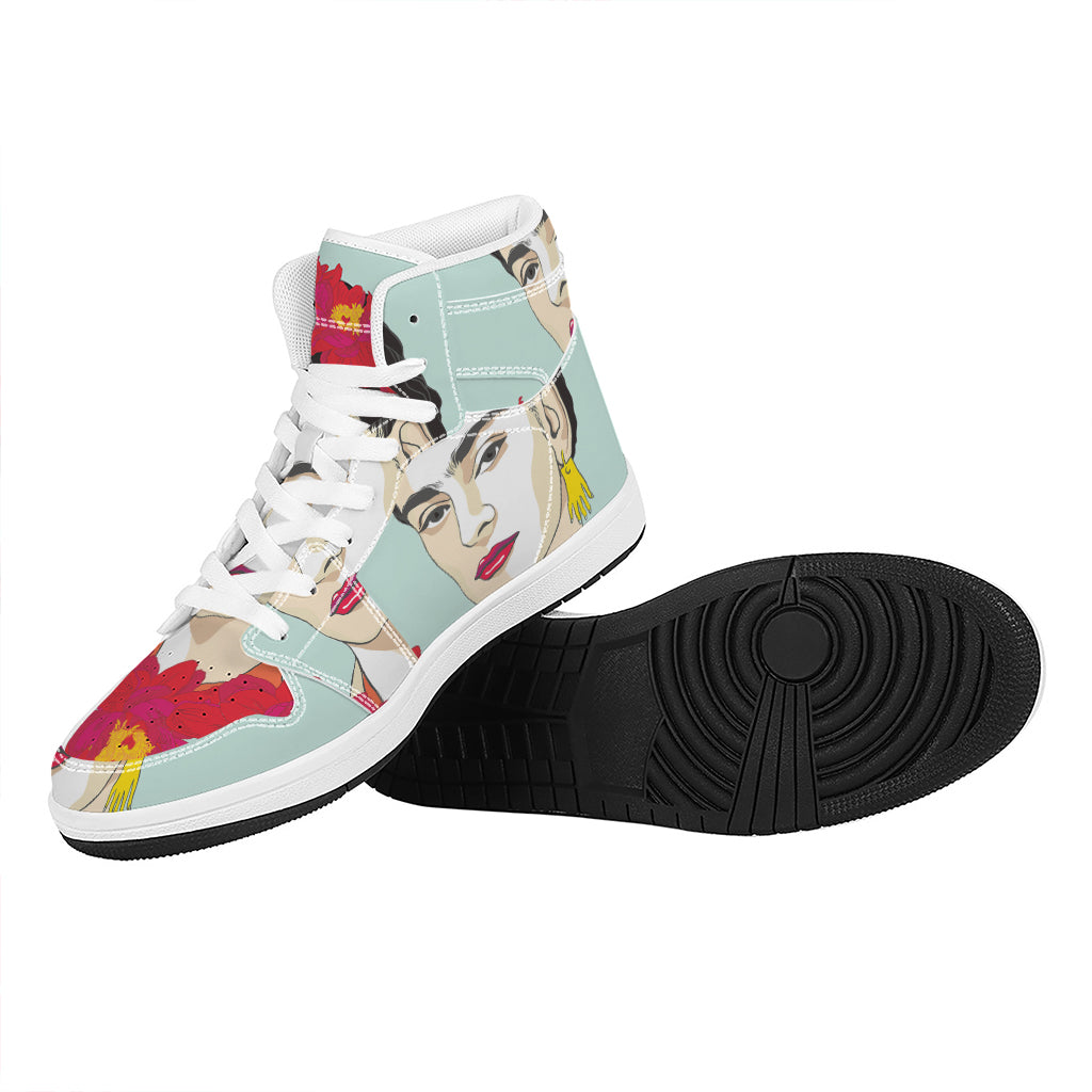 Frida Kahlo And Floral Print High Top Leather Sneakers