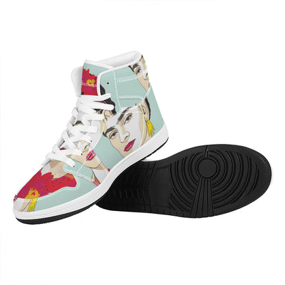 Frida Kahlo And Floral Print High Top Leather Sneakers