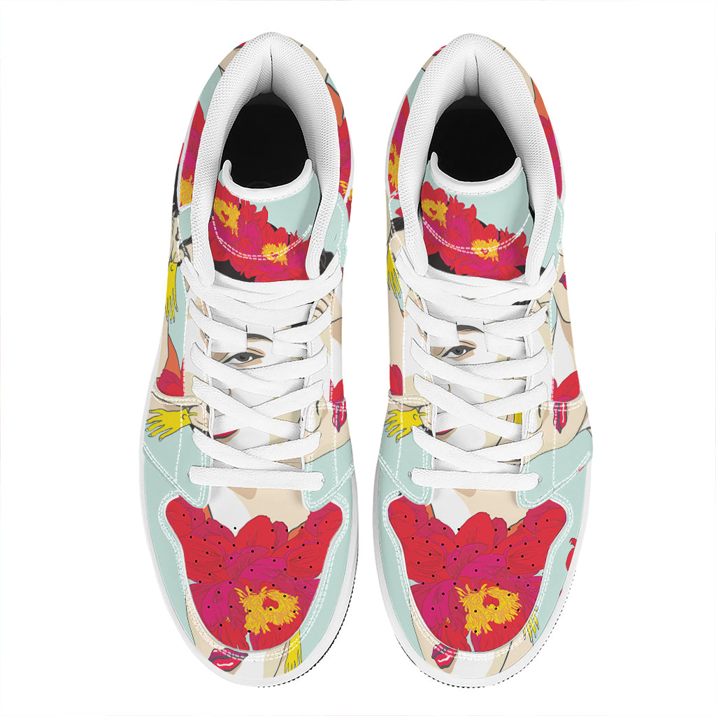 Frida Kahlo And Floral Print High Top Leather Sneakers