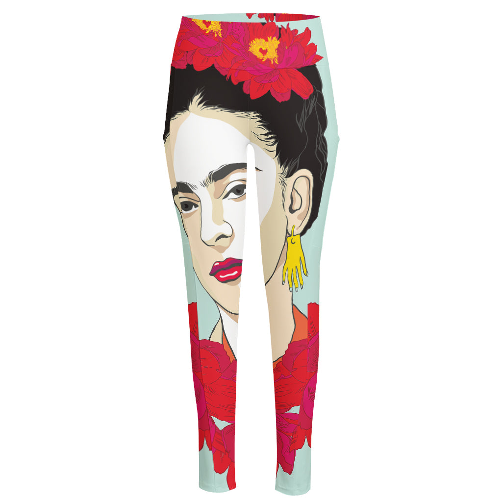 Frida Kahlo And Floral Print High-Waisted Pocket Leggings