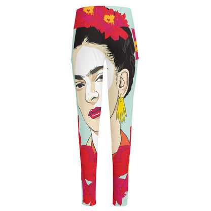 Frida Kahlo And Floral Print High-Waisted Pocket Leggings