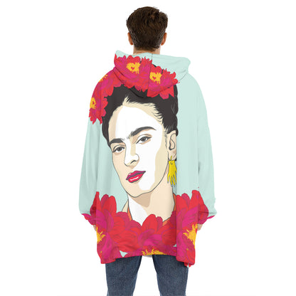 Frida Kahlo And Floral Print Hoodie Blanket
