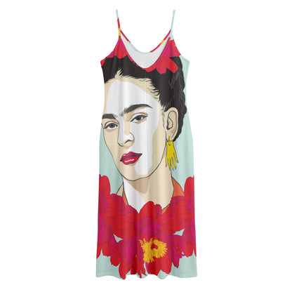 Frida Kahlo And Floral Print Jersey Midi Cami Dress