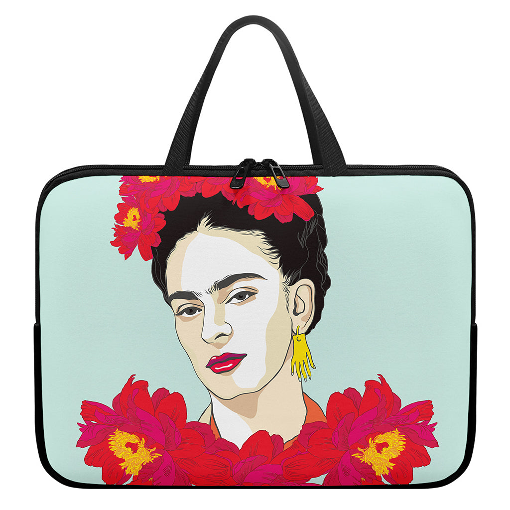 Frida Kahlo And Floral Print Laptop Sleeve With Handle