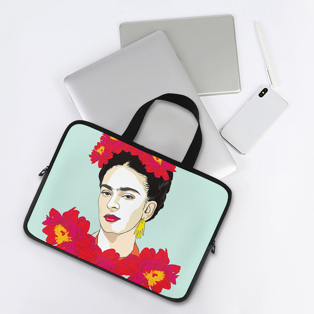 Frida Kahlo And Floral Print Laptop Sleeve With Handle