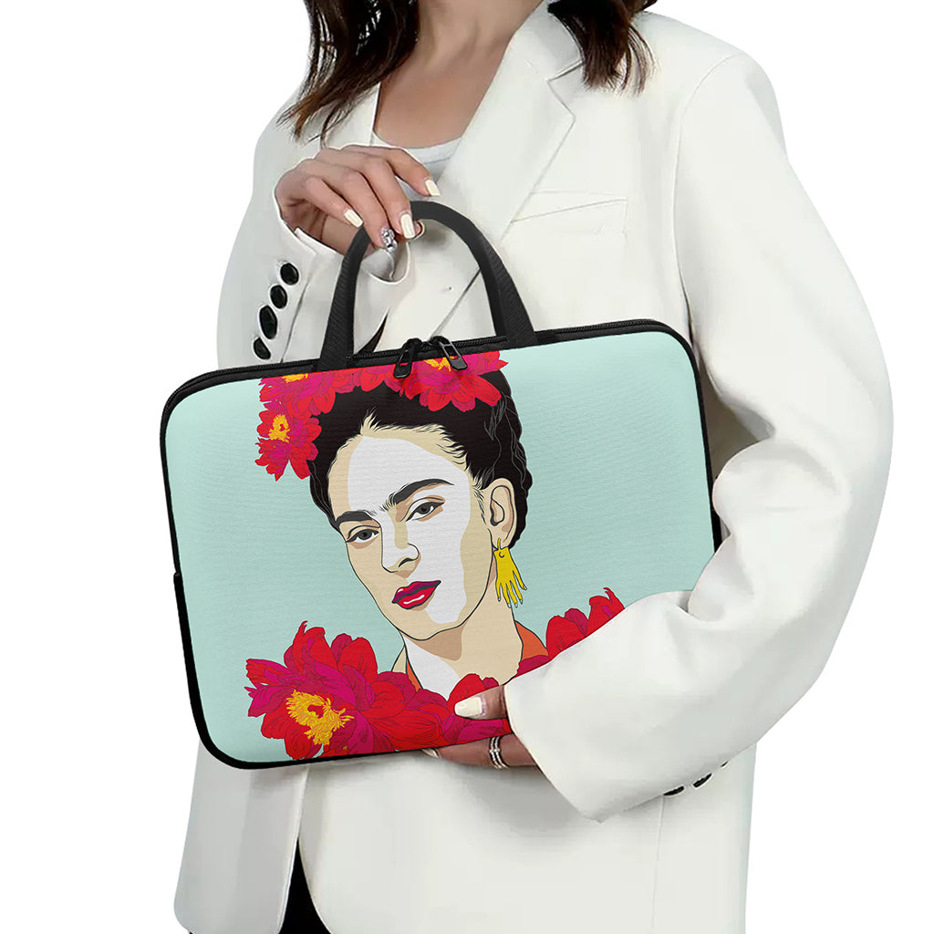 Frida Kahlo And Floral Print Laptop Sleeve With Handle