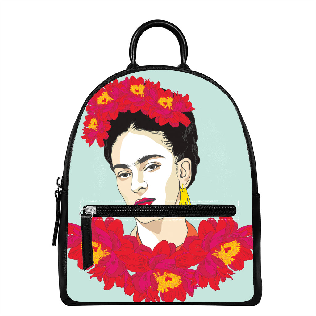 Frida Kahlo And Floral Print Leather Backpack