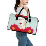 Frida Kahlo And Floral Print Leather Duffle Bag