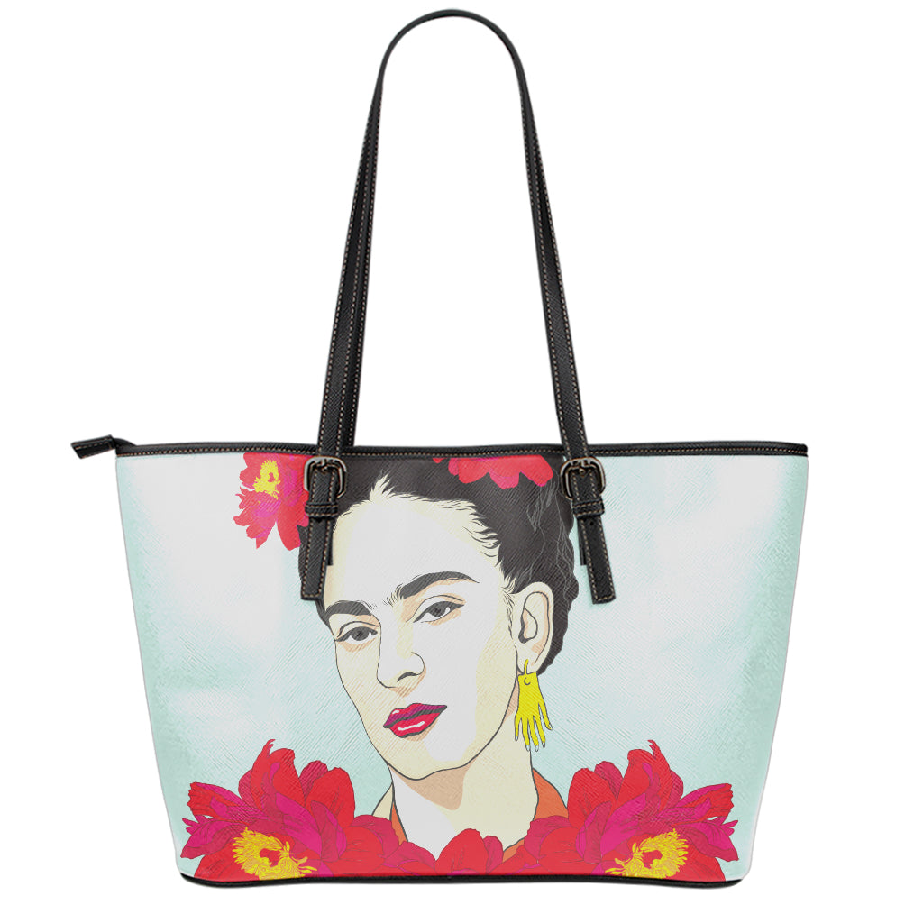 Frida Kahlo And Floral Print Leather Tote Bag