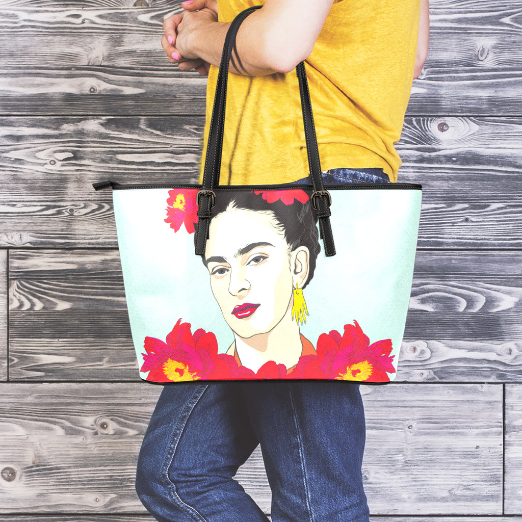 Frida Kahlo And Floral Print Leather Tote Bag