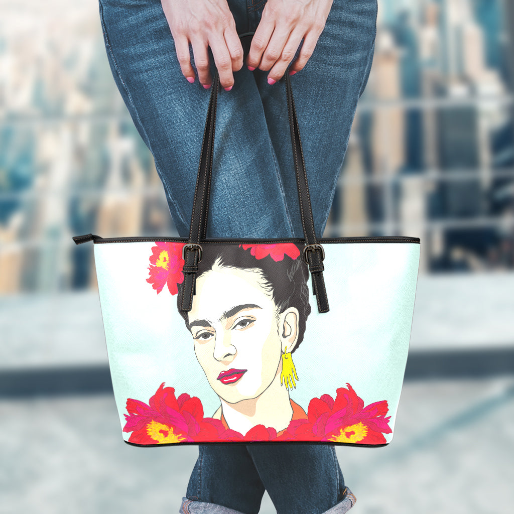 Frida Kahlo And Floral Print Leather Tote Bag
