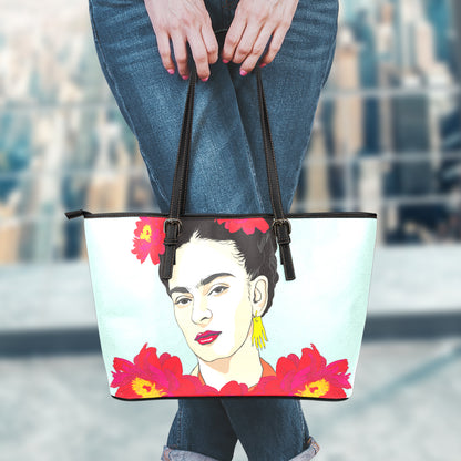 Frida Kahlo And Floral Print Leather Tote Bag