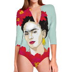 Frida Kahlo And Floral Print Long Sleeve Swimsuit