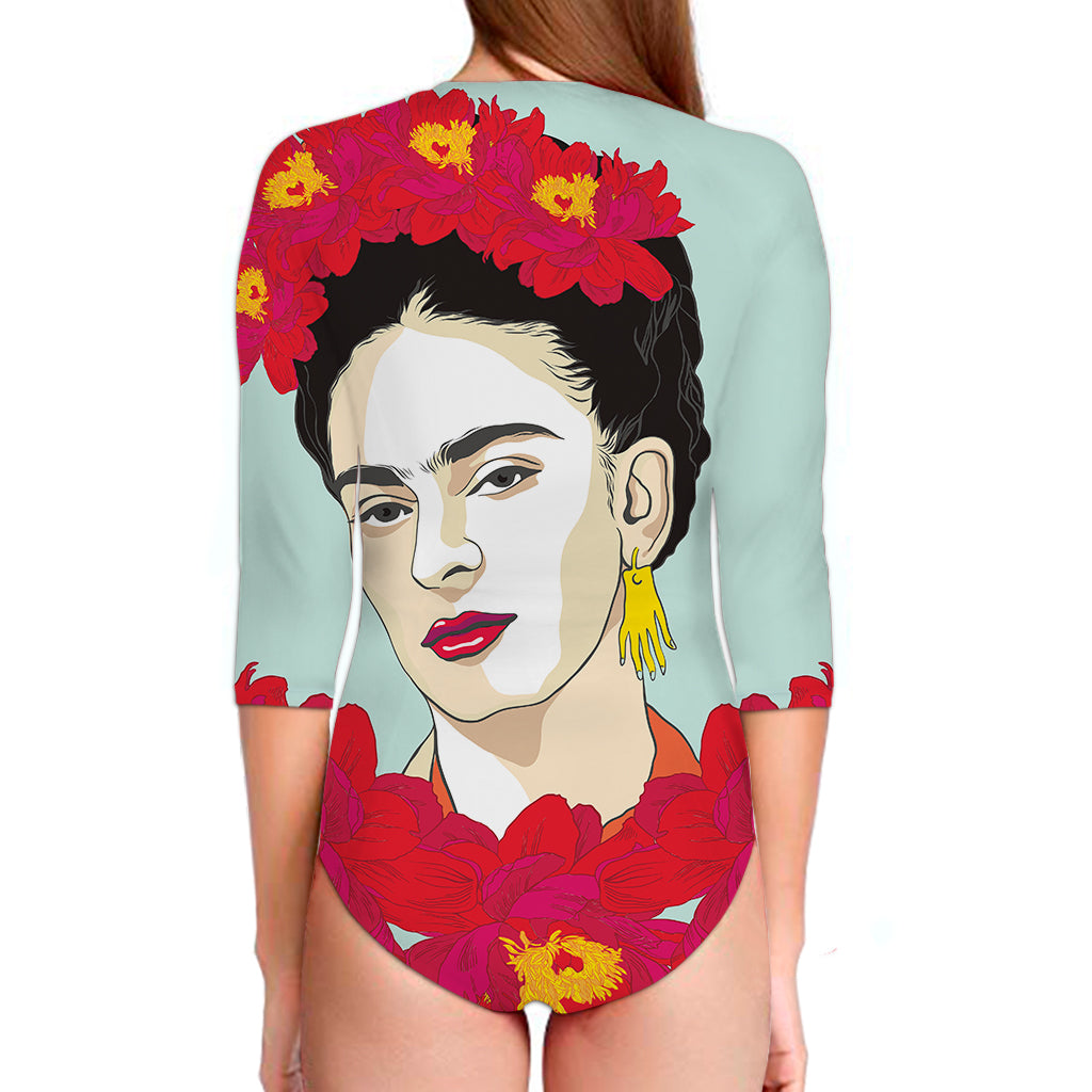 Frida Kahlo And Floral Print Long Sleeve Swimsuit