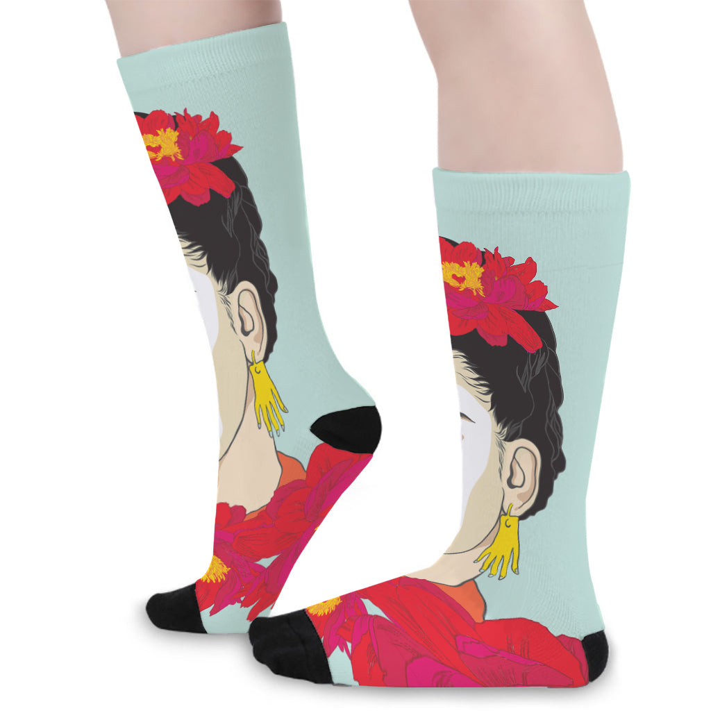 Frida Kahlo And Floral Print Long Socks