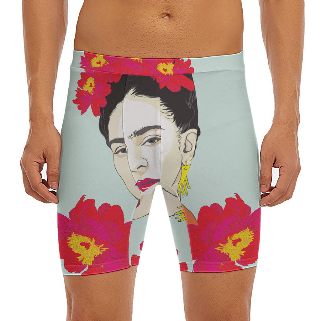 Frida Kahlo And Floral Print Men's Long Boxer Briefs