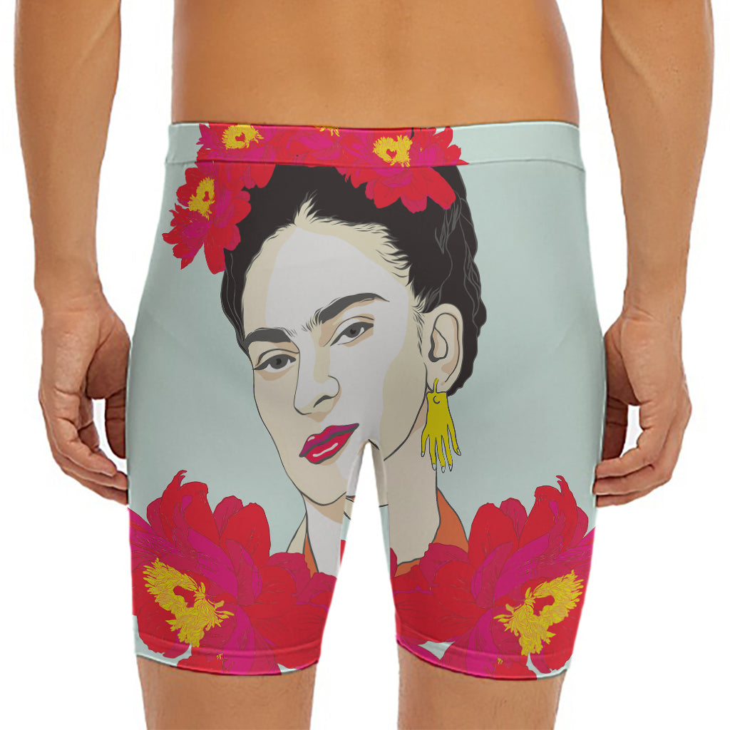 Frida Kahlo And Floral Print Men's Long Boxer Briefs