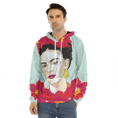 Frida Kahlo And Floral Print Men's Velvet Pullover Hoodie