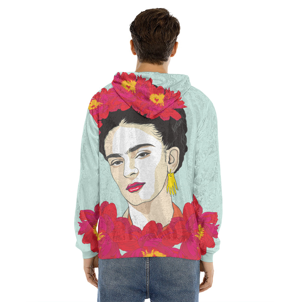 Frida Kahlo And Floral Print Men's Velvet Pullover Hoodie